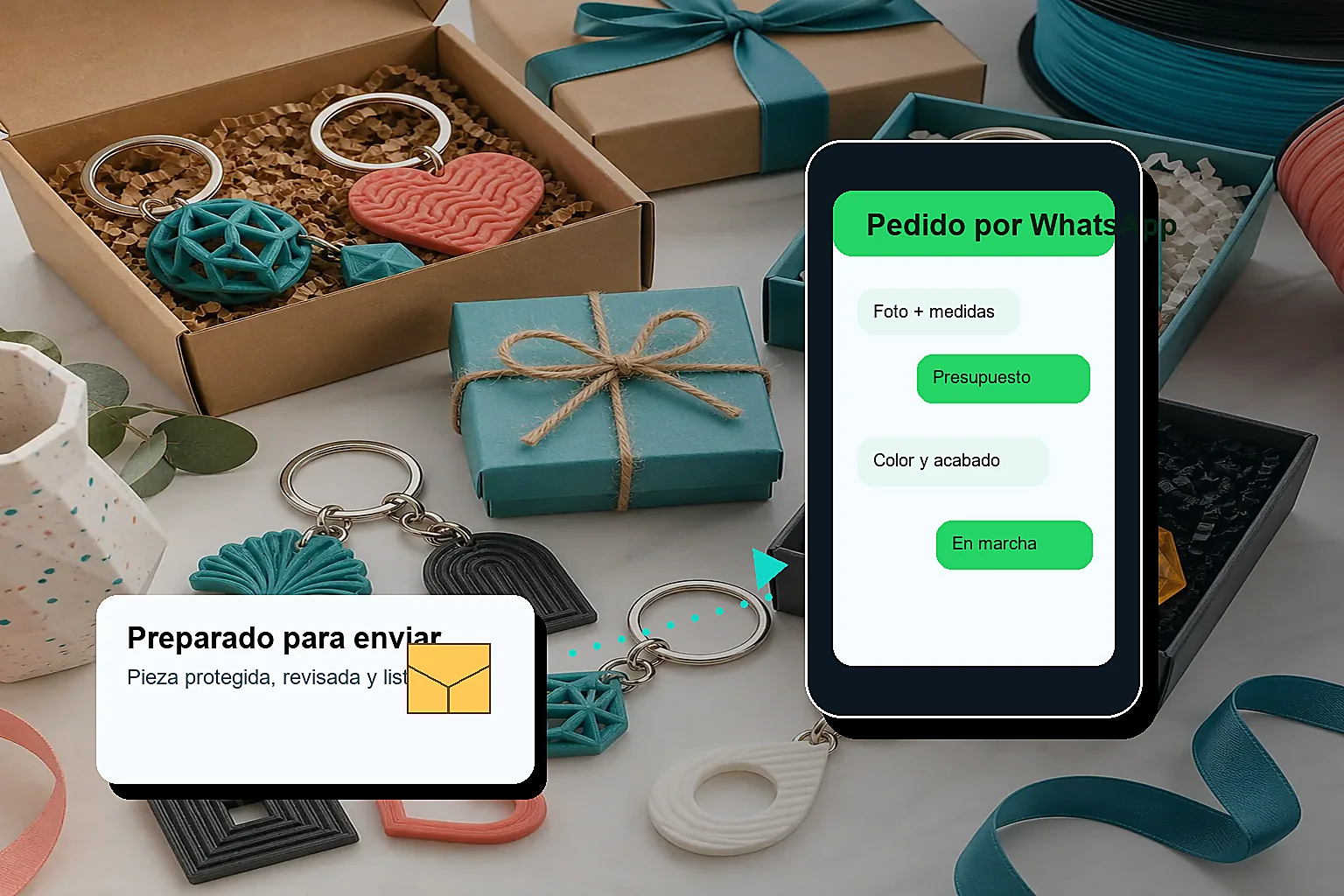 Pedido de impresión 3D por WhatsApp preparado para envío por FilariumLab
