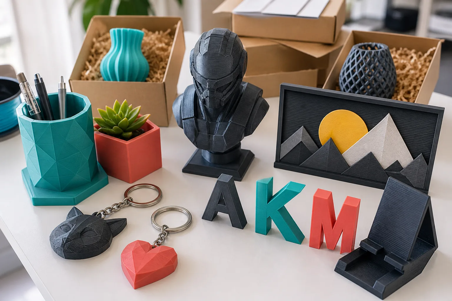 Muestra de piezas impresas en 3D, regalos personalizados y soporte creativo de FilariumLab